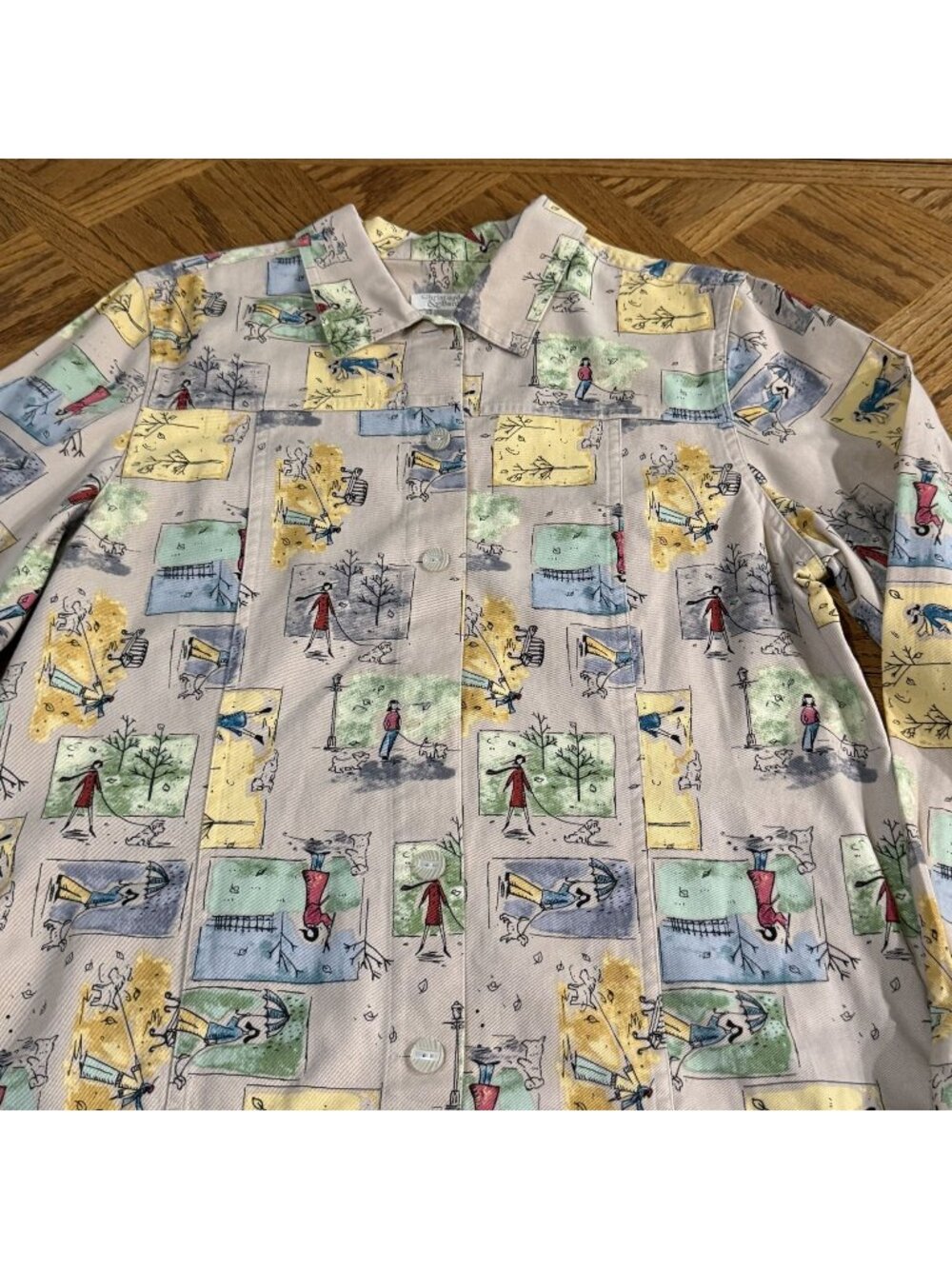 Christopher & Banks Women's  Jacket Whimsical Park Dog Walking Print Size L Y2K